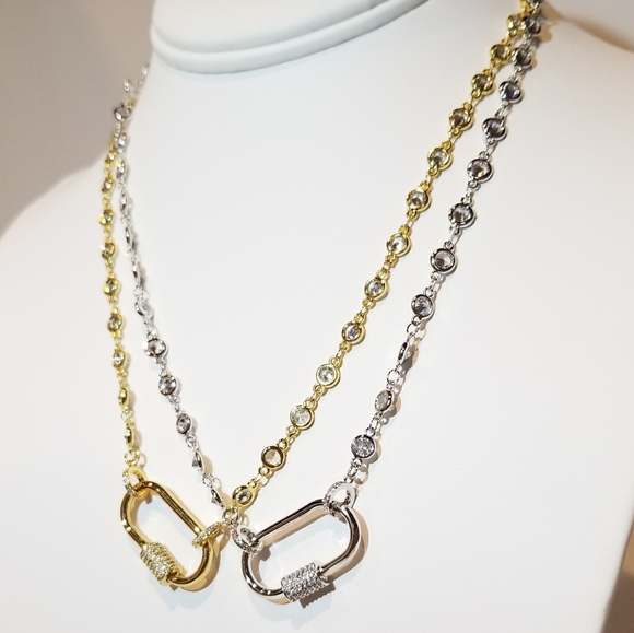 CZ Oval Carabiner Lock Pendant Charm Necklace NEW - Picture 7 of 11